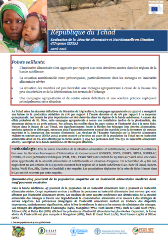 République du Tchad - Evaluation de la sécurité alimentaire et nutritionnelle en Situation d'urgence (EFSA), April 2016