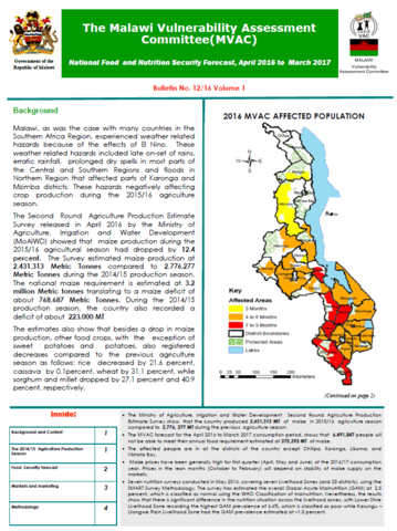 Malawi - Vulnerability Assessment Committee (MVAC): National Food and Nutrition Security Forecast: April 2016 to March 2017