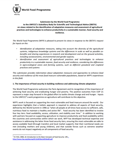 WFP submission to SBSTA on adaptation measures and assessment of agricultural practices and technologies