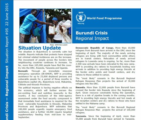 WFP Burundi Crisis Regional Impact Situation Report #05, 22 June 2015