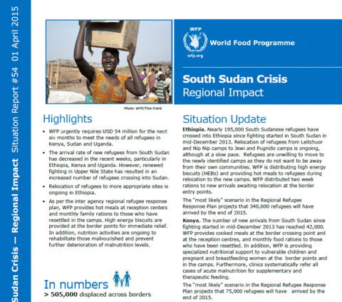 WFP South Sudan Crisis Regional Impact Situation Report #54, 01 April 2015